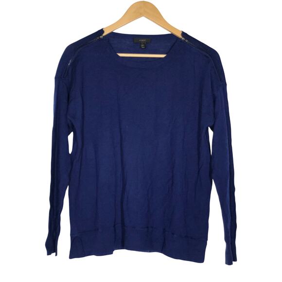 J.  Crew Merino Wool Sweater Crewneck Zip Shoulder Top Navy  M - Picture 1 of 4